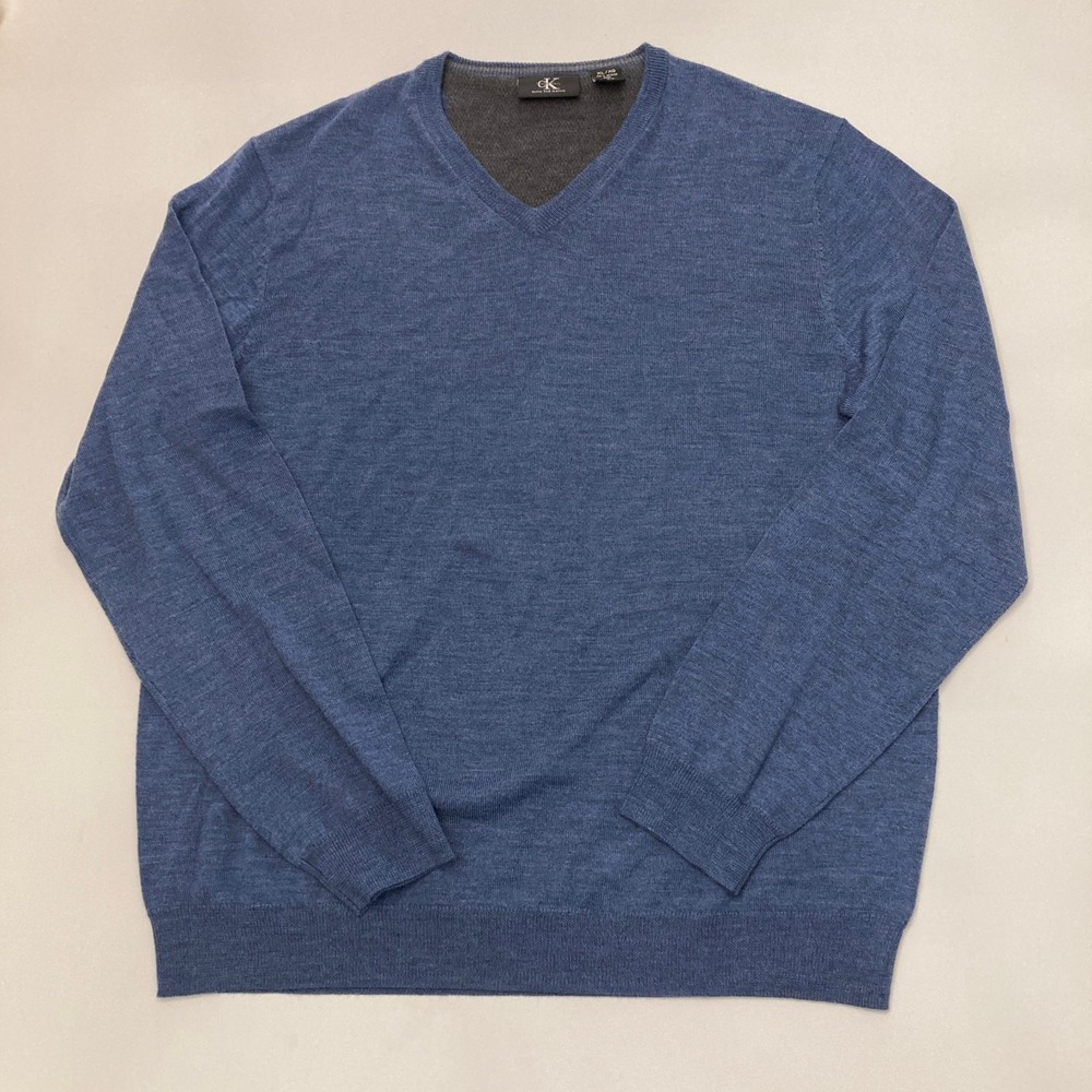 Calvin Klein Blue V Neck 100%‎ Merino Wool Sweater Men's XL Fine